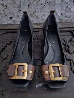 Vintage BCBGMaxAzria Leather Square Toe Buckle Wedge Flats